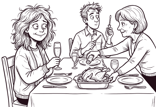 Un repas de famille&nbsp;: la belle-mère ressale le plat sous le regard de sa belle-fille, verre à la main.